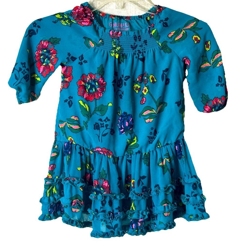 VTG OshKosh BGosh Babydoll  Peplum Turquoise Floral Ruffles Dress 3T Easter